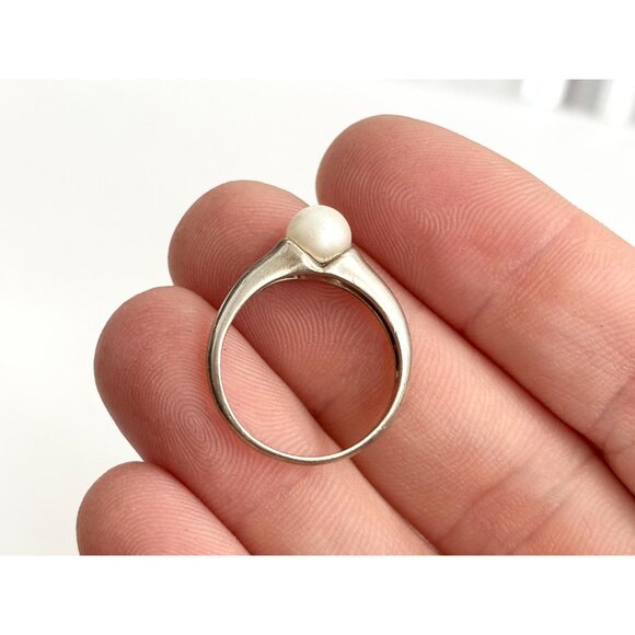 Cultured Pearl Modernist & Minimalist 925 Sterling Silver Vintage Ring - sz 6 - Picture 7 of 14